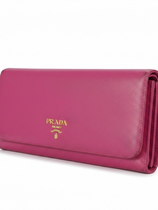 Prada Handbags - PRADA Pink Saffiano Leather Metal Flap Continental Wallet